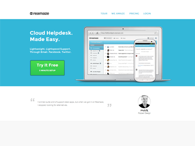 Reamaze Homepage Version 3 android blue customer support helpdesk iphone mac mobile responsive web app