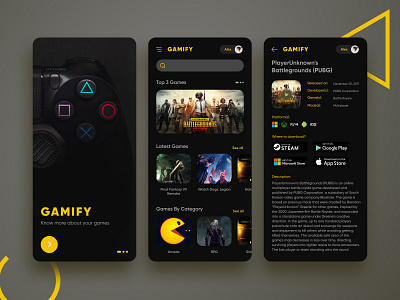 Gamify - Game Information Application application dailyui dark theme dark ui figma game information rounded corners yellow