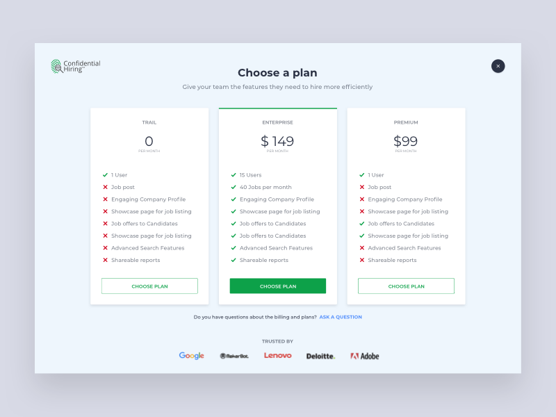 Pricing - Job Portal job website. web ui employer plan pricing job portal webdesign website design ui design ui web design website