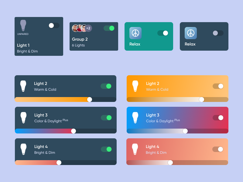 UI Cards - Smart Light App smart home app light gradient component ui component ui element ui design ui card smart light control smart light cards design cards cards ui ui cards ui