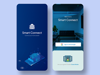 Smart Home App - Login & Splash Screen app design automation guest mode home automation illustration ios isometric illustration login login screen sign in sign up smart connect smart home splash screen ui ui design