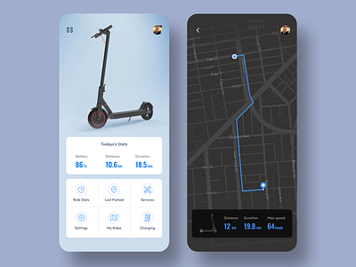 Electric Scooter Rider App app design battery dark mode dark ui eco friendly electric scooter last parked location map map ui max speed my rides ride analytics ride app ride statistics ride stats rider app scooter ui design