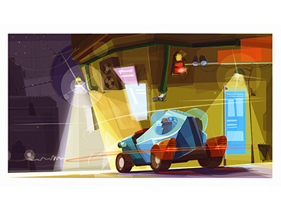 Night traffic car cartoon city concept art drawing illustration night sci fi street. texture texture vehicle