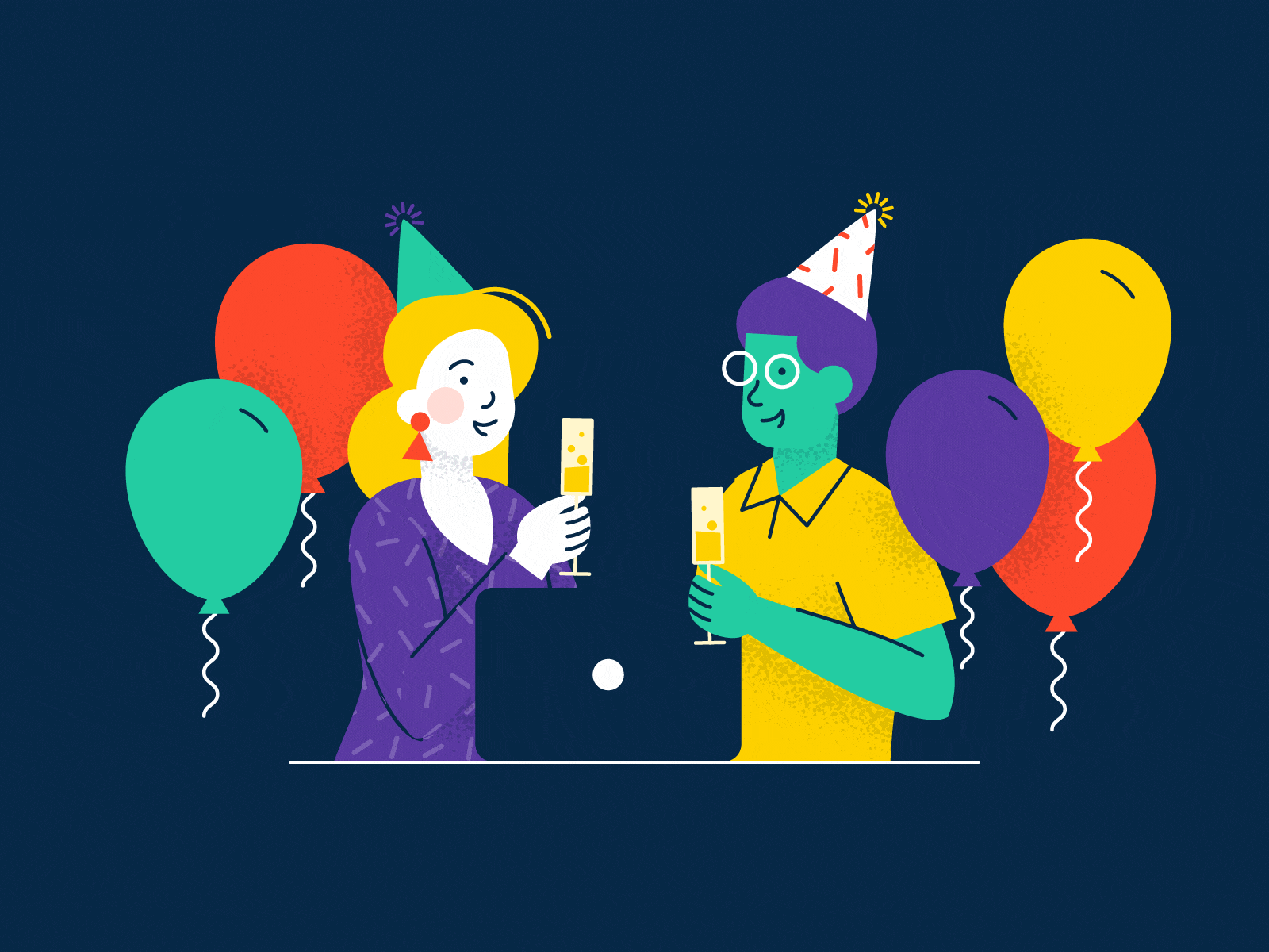 Year In Review Animation animation balloons celebration champagne clink illustration man new years party people review tech woman