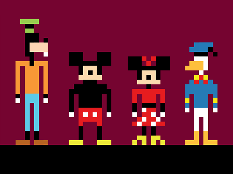 mice, duck, and dog pixel nintendo 8-bit dog mouse duck donald goofy minnie mickey disney