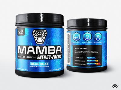 Mamba Energy Blue Buzz - Product Label blue label branding corporate design energy drink gaming icon label design logo design logo mark logotype metalic metalic label modern product design supplement bottle supplement jar supplement label design