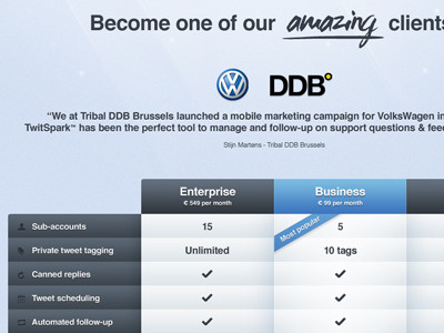 TwitSpark™ Homepage preview blue check conversion dark ddb glow icons label light mockup pictos popular price pricing quote sales table tick title twitter volkswagen vw