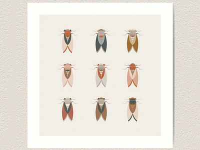 Cicadas in organic earth colors animal artwork beetle cicada design flat fly flying geometric illustration illustrator insect logo minimal pattern printshop surfacedesign vector wings