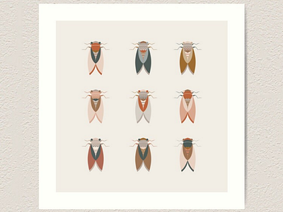 Cicadas in organic earth colors animal artwork beetle cicada design flat fly flying geometric illustration illustrator insect logo minimal pattern printshop surfacedesign vector wings
