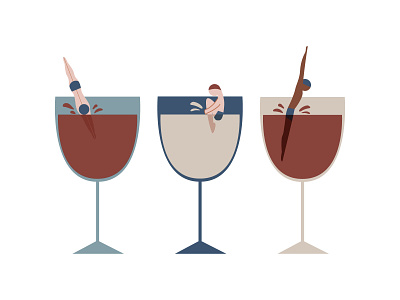 Wine divers design diving flat geometric illustration minimal red wine relax white wine wine wine glass