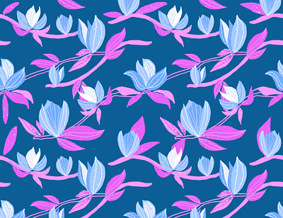 Blue Magnolia blossoms blossom blue branch design floral floral pattern flower illustration magnolia print seamlesspattern surface design