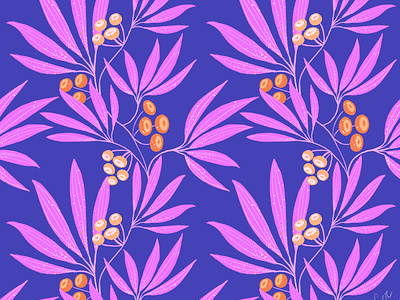 Leafs and berries pattern berry design floral illustration orange parren plant purple surfacedesign violet