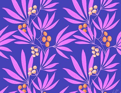 Leafs and berries pattern berry design floral illustration orange parren plant purple surfacedesign violet