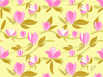 Pink Magnolia on yellow bloom blossom floral flowers illustration magnolia nature ornament pattern pink print spring surfacedesign yellow
