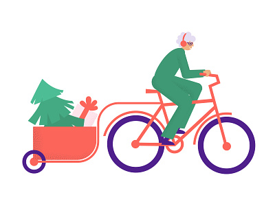Granny's Christmas bicycle bike cargo cargo bike character christmas design elderly flat geometric grandmother granny illustration preparation senior shopping vector