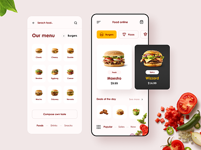 Food app 🍔 design designer food food app hamburger mobile app online order ui ux vegetables