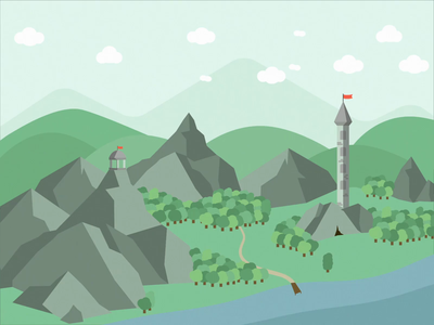 Mysterious land daytime animation day design fantasy flags harbour hills illustration land mountains nature rock sanctuary sea temple tower vector