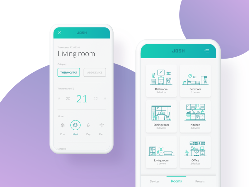 Rooms | Just One Smart Home (JOSH) add device android appliance dashboard device edit heat ios josh list living room mode room settings smart home smart living room temperature thermostat ui ux