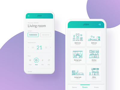 Rooms | Just One Smart Home (JOSH) add device android appliance dashboard device edit heat ios josh list living room mode room settings smart home smart living room temperature thermostat ui ux
