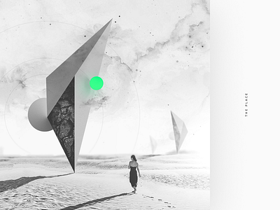 The Place 3d abstact abstract illustration achromatic black and white blur circle clouds desert design graphic design horizon illustrate illustration minimal photoshop shapes space triangle woman
