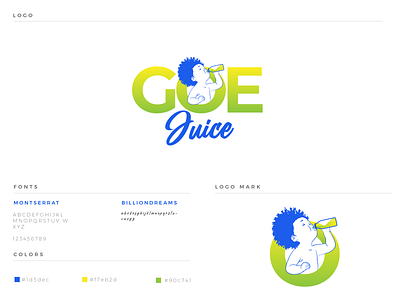 Goe Juice afro awesome black blue branding cartoon creative design green illustration juice kid logo logo design modern outline signature logo unique vector yellow