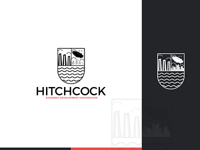 Hitchcock EDC Logo black blimo branding building cloud design graphic design illustration logo logo design minimal modern pillar red signature logo unique vector water