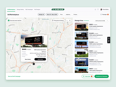 Find & Rent a Billboard add to cart ads advertising animation billboard browse cart filter filtering interactive map locations map modal popover preview product design ui ux view cart