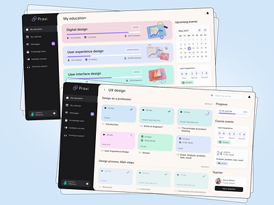 Educational platform for UX / UI designers application calendar card design education onlineeducation progress bar sidebar timer ui ux