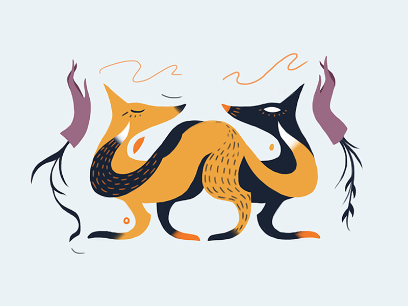 Foxes design animal drawing digital series photoshop dark light twins play fox illustration