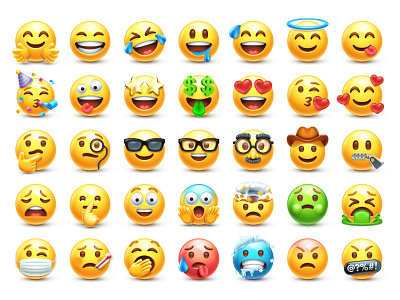 3D stylized vector Emoji 3d cold emoji emoticon face mask faces halo head explode hot hug love mind blown party rofl scream smile thermometer tongue out vector vomit