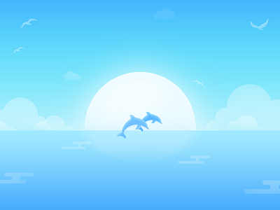Sea - illustration dolphins illustration moonlight sea view