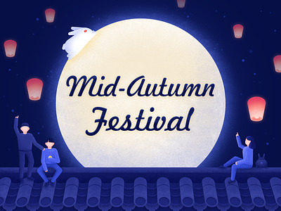 Mid Autumn Festival blue holiday man mid autumn festival moon night people rabbit woman