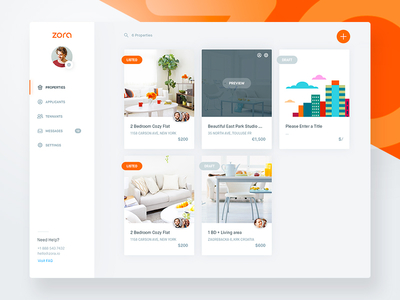 Zora Dash - Properties (WIPs) app clean dashboard design experience flat interface rent ui user ux web