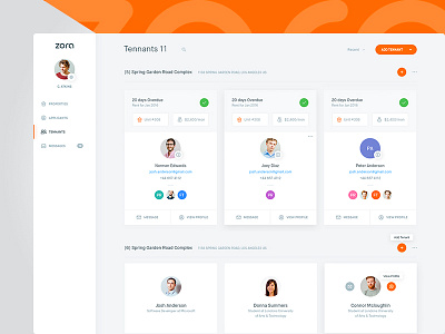 Zora Dash - Tenants (All Versions) app cards clean dashboard design interface ui user ux web