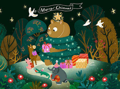 Animal party card christmas color illustration