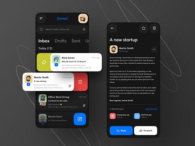 Flomail - Email Client App app app design compose dark ui design design ui draft email inbox interface ios app letter mail minimal mobile sent ui user experience user interface ux