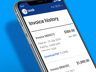 Invoice History page on mobile seek