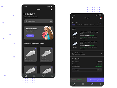 Shoe shopping app - Dark mode app design branding dark mode design illustration logo shoe app shopping app ui ui design ux