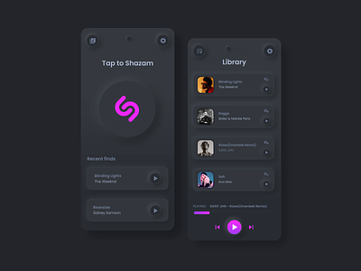 Shazam redesign in dark neomorphism animated app colors concept dark ui minimal mobile design music neumorphic neumorphism player playlist redesign shadow shazam ui