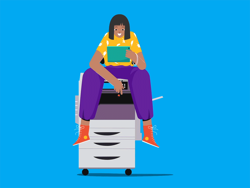 Stay Productive - 2D Animated Illustration 2dcharacter advertising animated animation branding design drawing girl illustration lottie office printing printing machine studio ui ux vector woman work from home workspace