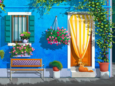 Blue House animal art cat concept concept art digital painting flower game art house illustration landscape