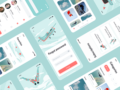 Skydiving mobile app categories clouds communication platform dashboard illustrations jumps mentalstack mobile app parachute paragliding product design profile search skydiving ui uiux