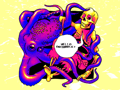 Hello Dribbble! debut hello dribbble illustration octopus pixels skeleton skull