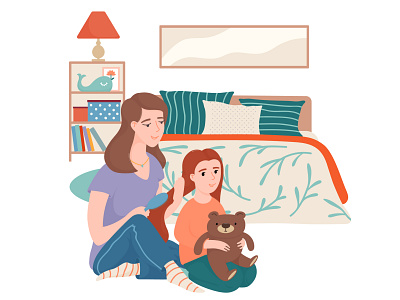 Evenings with mom cartoon character daughter family flat girl illustration interior mother people teddy bear vector vector illustration woman