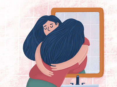Self-acceptance bathroom body positivity cartoon character concept flat girl hug illustration mirror procreate self acceptance woman