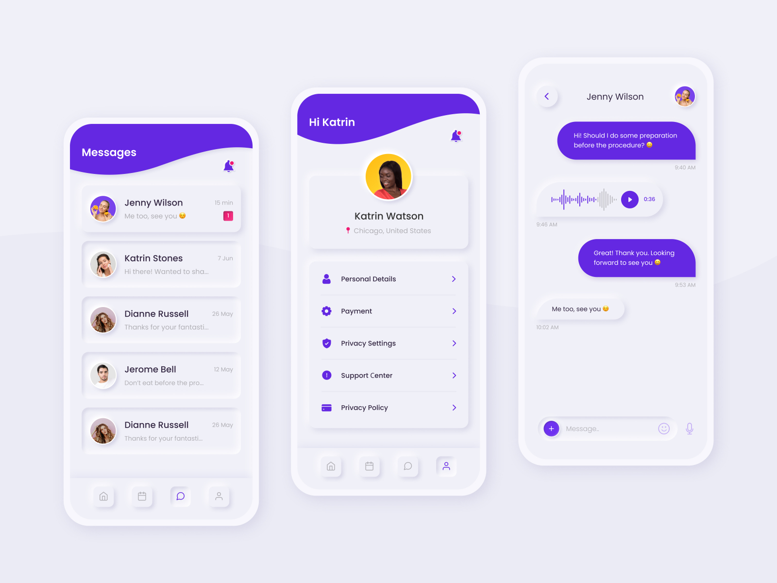 Profile and messages neumorphism by Alina Shchebetun on Dribbble