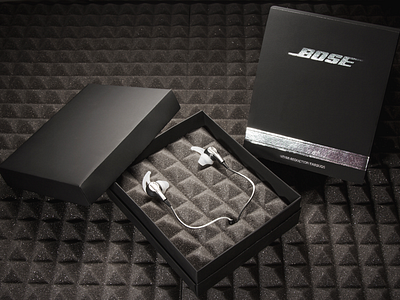 Bose Earbud Packaging Redesign acoustic black bose earbud foam foil foil stamp graphic design grey headphones matte mockup music package packaging pyramid foam quality redesign silver soft touche upscale