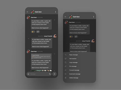 Chat screens - dark theme android app design app branding clean creative design figma ios minimal ui ux