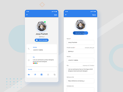 Profile screens for mobile chat component app chat creative design edit profile profile profile page ui ux