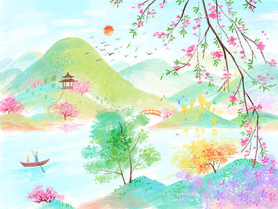 The Peach Garden art chinese illustration mountain nature river sweet